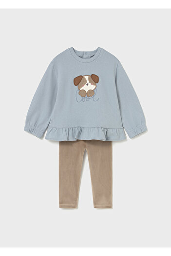 MAYORAL 1-4 Years Old Baby Girl Two-Piece Set – Blue Sweatshirt with Dog Pattern and Brown Velvet Skinny Leggings