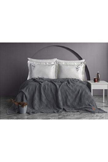 Dantela Garden Embroidered Handmade Throw Pillow & Cover Set - Anthracite