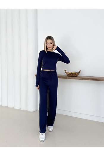 LE CARAMBOLE Women's Navy Blue Modal Top and Bottom Set with Finger Loop and Side Stone Detail