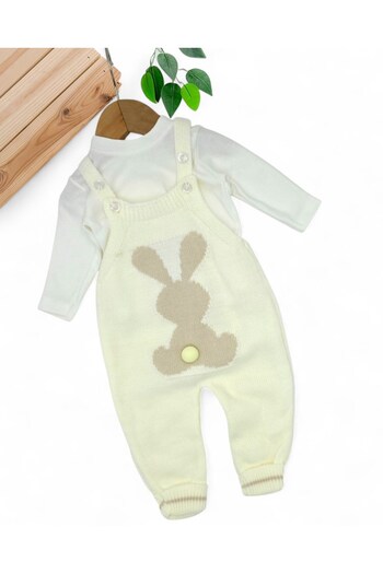Ege Bebek Winter Rabbit Detailed Knitwear Salopet and Inner Badili Set, 3-6-9-12 Months Knitwear Gardener Jumpsuit R2206