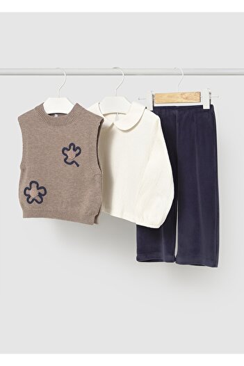 MAYORAL 1-4 Years Old Baby Girl Three-Piece Set – Knit Vest, Long-Sleeved Blouse, and Pants