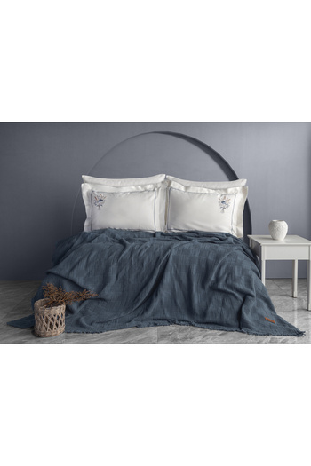 Dantela Garden Embroidered Hand-Made Throw Pillow & Cover Set - Navy Blue