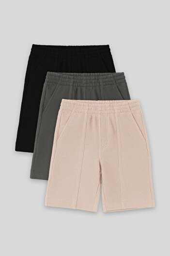 TOMMY LIFE Standard Fit Basic 3-Pack Black-Khaki-Beige Boys' Shorts - 11289