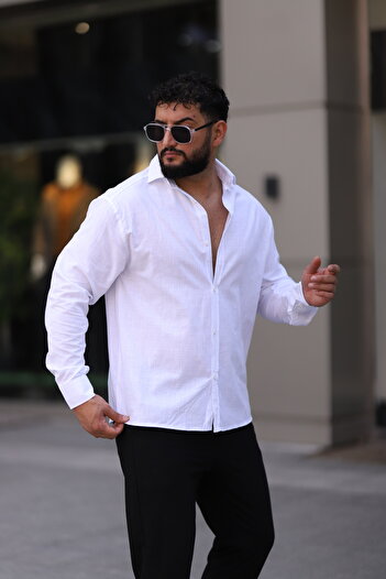Bürke Flam Linen Textured Long Sleeve White Color Half Oversize Men's Shirt
