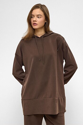 Olcay Hooded Zipper Accessory Sweat Pants Loose Modal Set Brown 9382-Tk