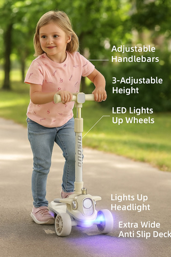 Babyshine1122 Kids 3-Wheel Adjustable Kick Scooter – Foldable Cream Ride-On with LED Light Wheels & Safety Brake