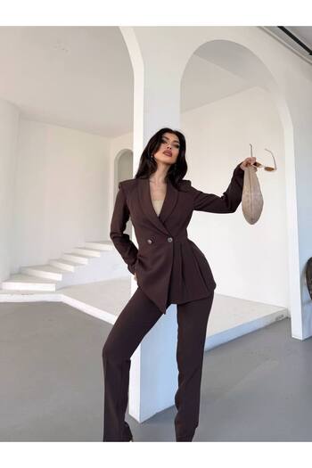 LOBOLIC Women's Pleated Detailed Blazer Jacket and Pants Set