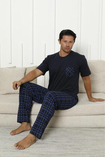 FORMO Men's 100% Organic Natural Cotton Plaid Pocket Detail High Quality Short Sleeve Quality Pajama Set