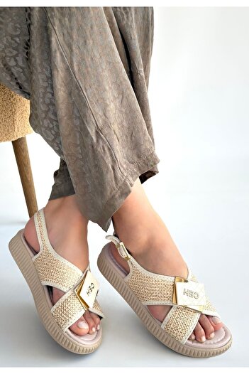pabucmarketi Beige Straw Women's Flat Sandals