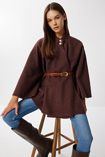 Lovelyİstanbul Belted Buttoned Boucle Poncho Lmw0030 Brown
