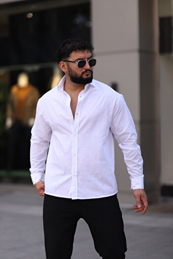 Bürke Flam Linen Textured Long Sleeve White Color Half Oversize Men's Shirt