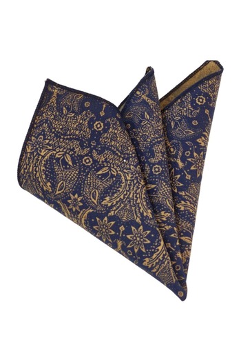Exve Exclusive Mustard Shawl Patterned Cotton Woven Pocket Accessory Collar Handkerchief in Navy Blue