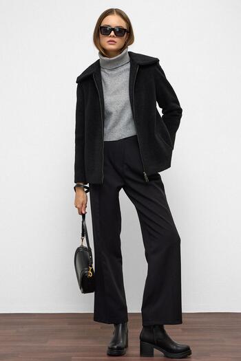 Olcay Removable Hood Zipper Detailed Oversize Coat Black 3128