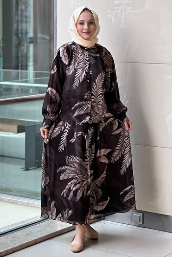 Ghisa Leaf Patterned Chiffon Satin Shirt Skirt Set