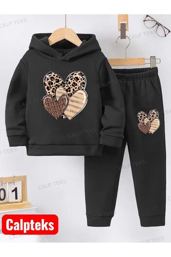 CALP TEKS Calp Leopard Heart 3 Heart Printed Thick Cotton Hooded Children's Tracksuit Set