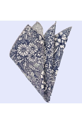 Exve Exclusive White Floral Patterned Cotton Print Pocket Accessory Collar Handkerchief on Navy Blue