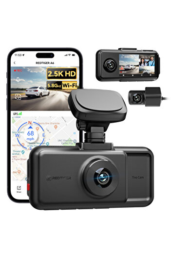 Red Tiger REDTIGER A6 Triple Dash Camera 2.5K with WiFi, Night Vision, GPS, Dedicated App, G-Sensor, and Parki