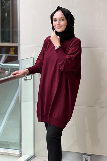 Mahal Crochet Knitwear Shoulder Leaf Stone Printed Mercerized Tunic