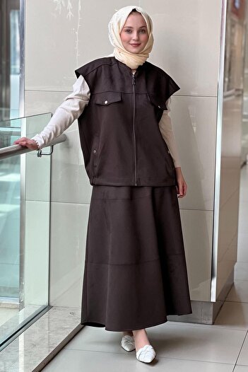Mahal Crochet Knitwear Suede Vest Flared Skirt Set