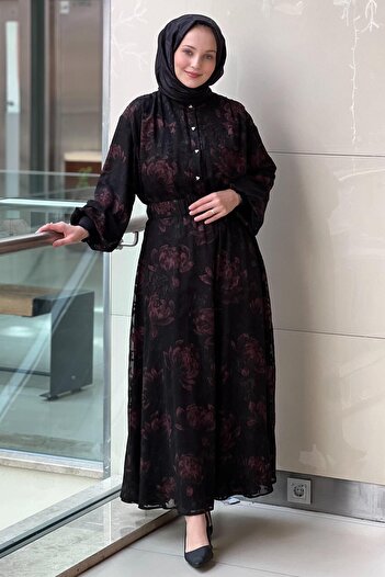 Ghisa Floral Pattern Burnout Fabric Lined Dress