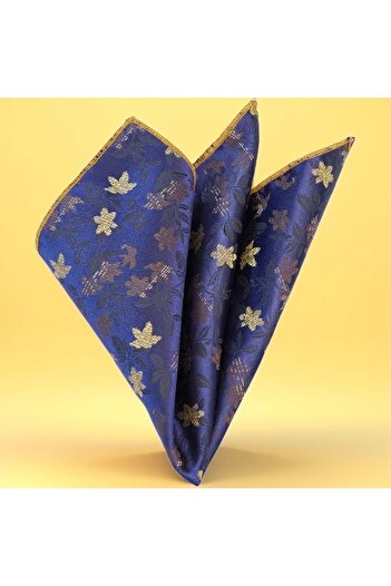 Exve Exclusive Navy Blue with Gold Copper Floral Jacquard Satin Woven Pocket Accessory Collar Handkerchief