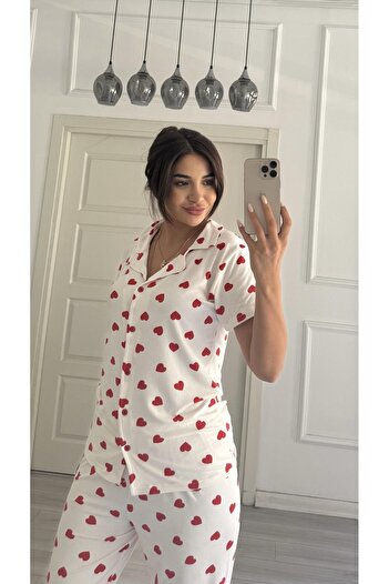Daves 100% Cotton White Shirt Collar Heart Short Sleeve Pajama Set Regular