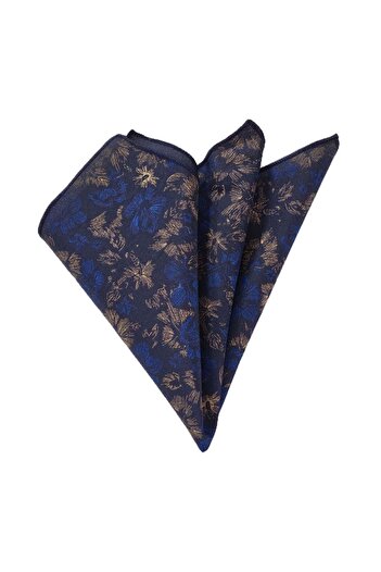 Exve Exclusive Navy Blue with Copper Saks Flower Printed Pocket Accessory Collar Handkerchief