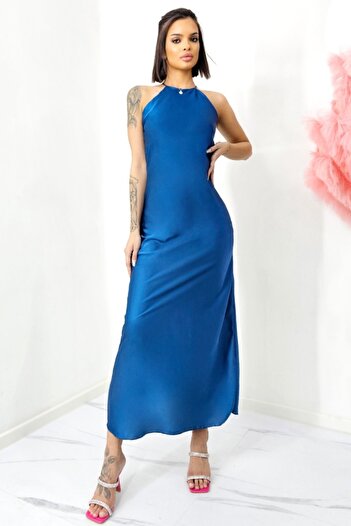 FashionForYou Priscilla long satin dress, with bare back and halter cut, Blue, Size S/M