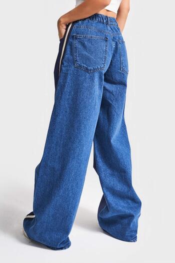 its basic Kadın Kot Rengi 1w5-5 Palazzo Fit Bol Kesim Parçalı Kumaş Özel Tasarım Denim Pantolon