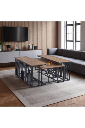 Al Saada Home Wooden Coffee Table Set 6+1 - Brown