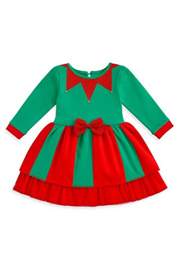 ZUZUNGA Noel Temalı Yeşil - Kırmızı Kurdeleli Kız Çocuk Elbisesi