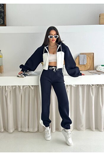 By Kuzey Aras Women's 2Color Design Three Thread Ribbed Fabric Loose Tracksuit Set