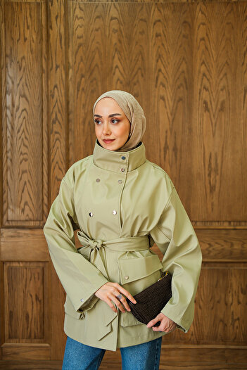 LOCCO Women's Leather Look Short Trench Coat Light Green