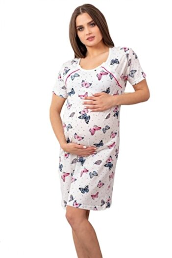 Formommy Mother's Nightgown for Nursing, Buttons Opening, Cotton, Butterfly, White, M