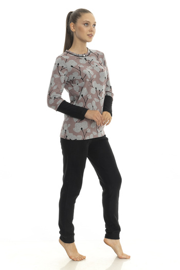 M MOONCOVER Mooncover Women's Winter Floral Patterned Sleeve Detailed Pajama Set Black