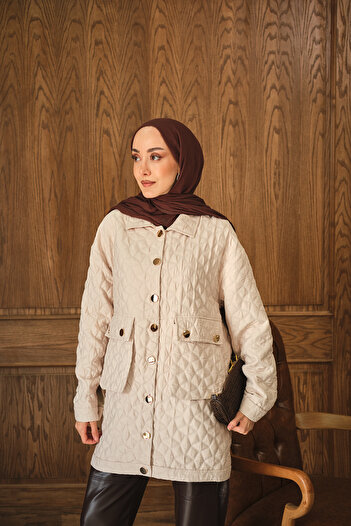 LOCCO Women's Quilted Pattern Gold Button Detail Jacket Stone