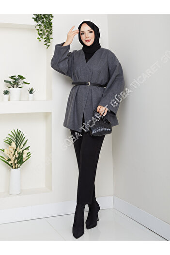 Güba Ticaret Kemerli Uzun Kaşe Kimono Hırka