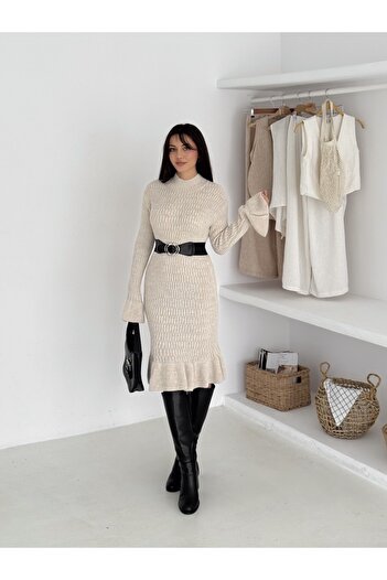 b buhari bykoc Crew Neck Ribbed and Belted Dress