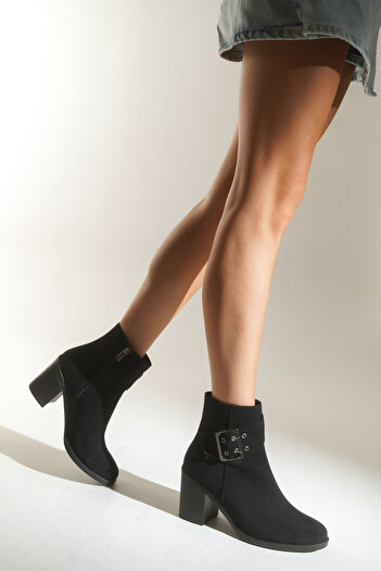 HVZ Exclusive Black Buckled Short Heeled Western Cowboy Style Boots Fortap Women's Ankle Boots