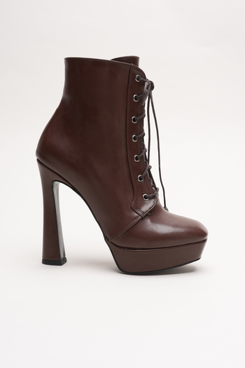 Ayakkabı Ateşi Women's Lace-Up Zippered High Heel Boots Viole Brown Skin