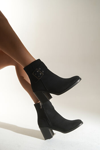 HVZ Exclusive Black Buckled Short Heeled Western Cowboy Style Boots Fortap Women's Ankle Boots