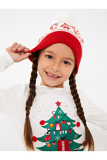 LC Waikiki Ecru Patterned Pompom Girl's Beret
