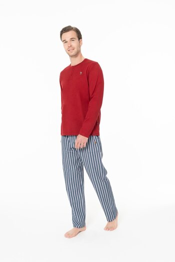 U.S. Polo Assn. 18987 Men's Burgundy Round Neck Placketed Long Sleeve Pajama Set
