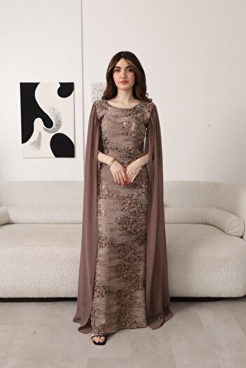 Generic Brown sequin embroidered evening dress with a long design and an elegant chiffon cape