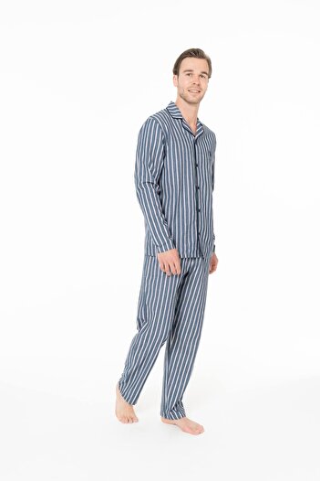 U.S. Polo Assn. 18978 Men's Navy Blue Long Sleeve Pajama Set with Front Button Detail