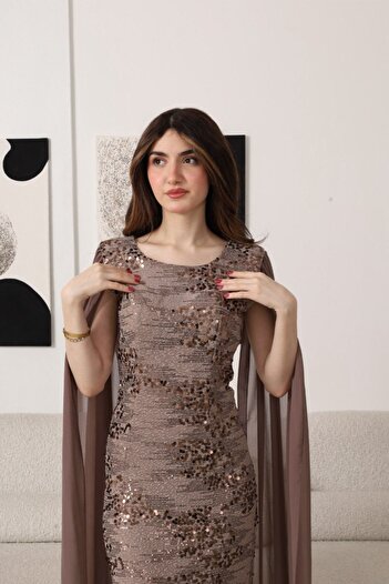 Generic Brown sequin embroidered evening dress with a long design and an elegant chiffon cape