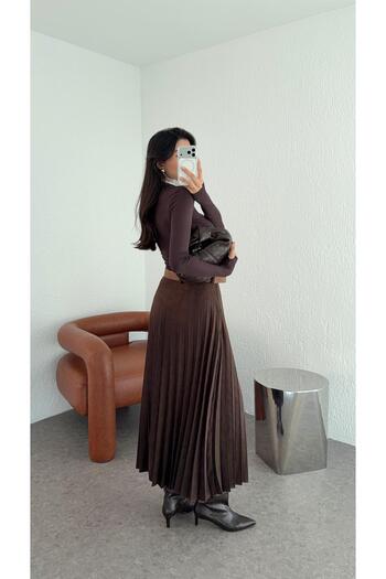 HAZELANNA Belted Brown Suede Skirt