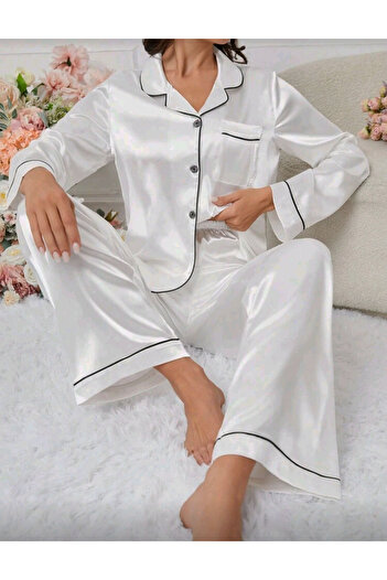 Star Fashion Women's satin pajamas, Turkey model, with buttons and long sleeves