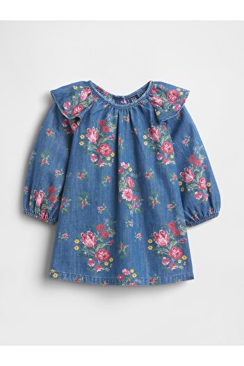 GAP Bebek Koyu Mavi Denim Volanlı Omuz Elbise