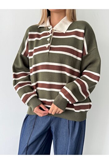 Pollux Striped Buttoned Polo Neck Women's Knitwear Sweater